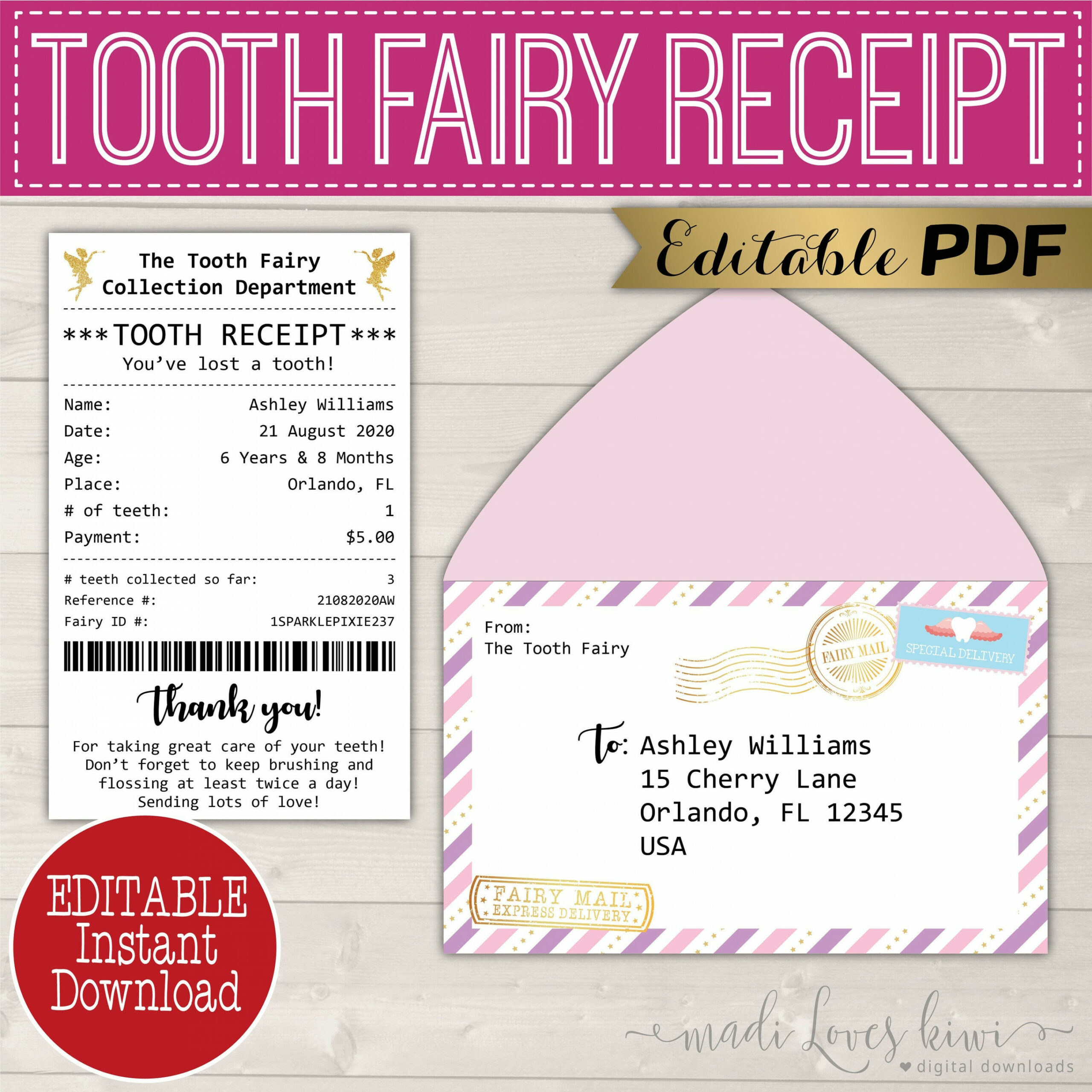 Editable Girl Tooth Fairy Receipt Printable Lost Letter PDF - Etsy