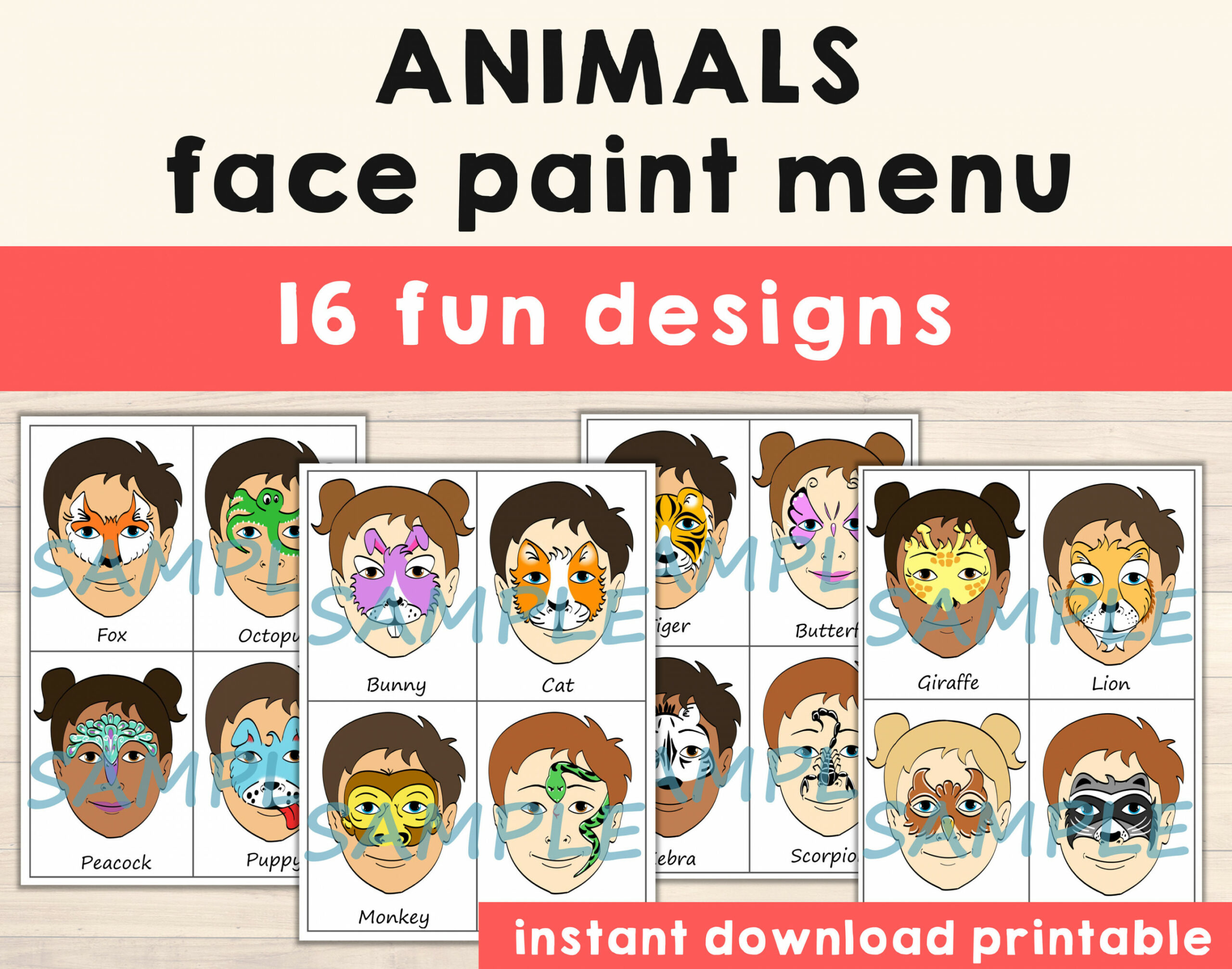 Face Paint Menu Printable Choice Face Painting Designs Pack of