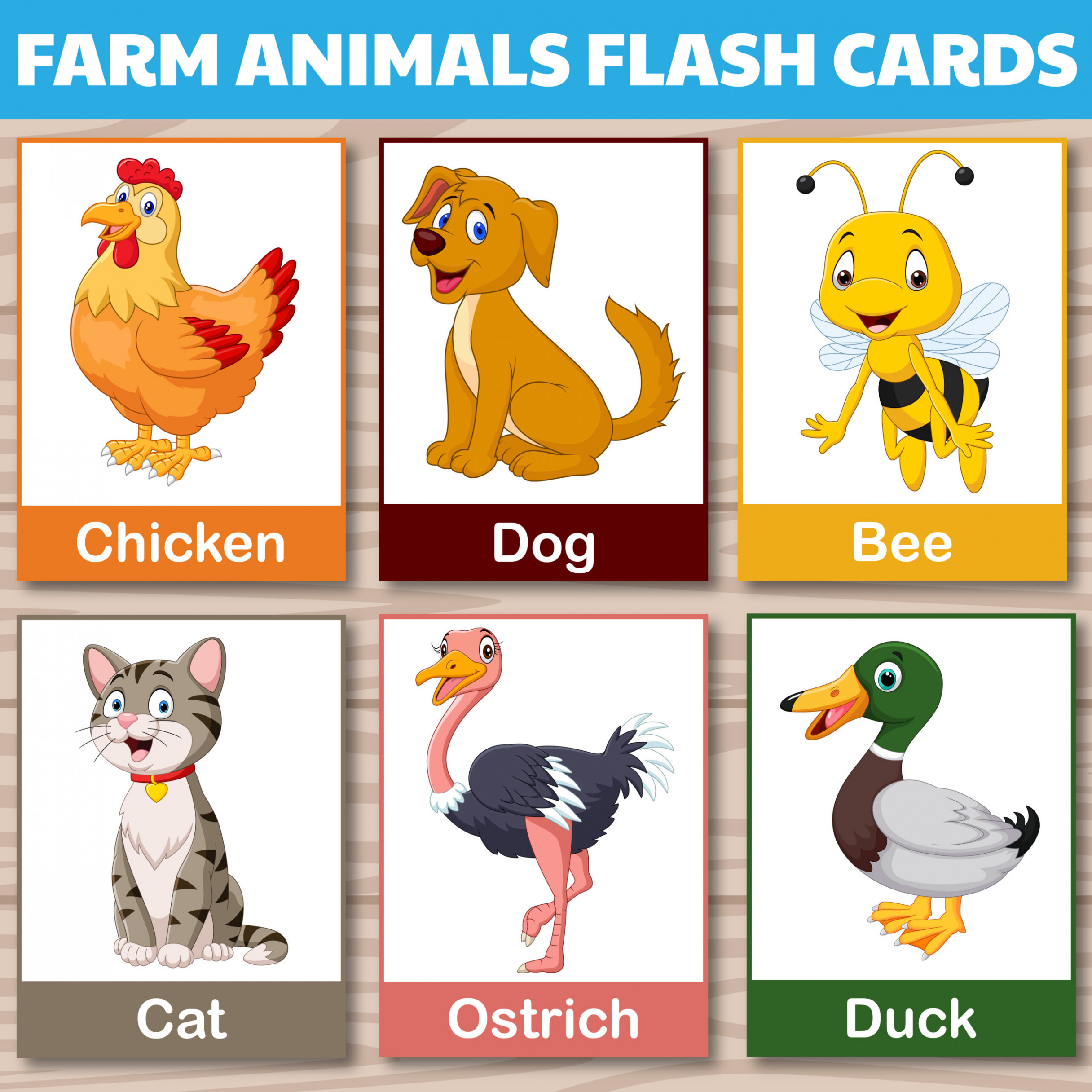 Farm Animals Cards, Montessori flashcards, Cute Farm Animals