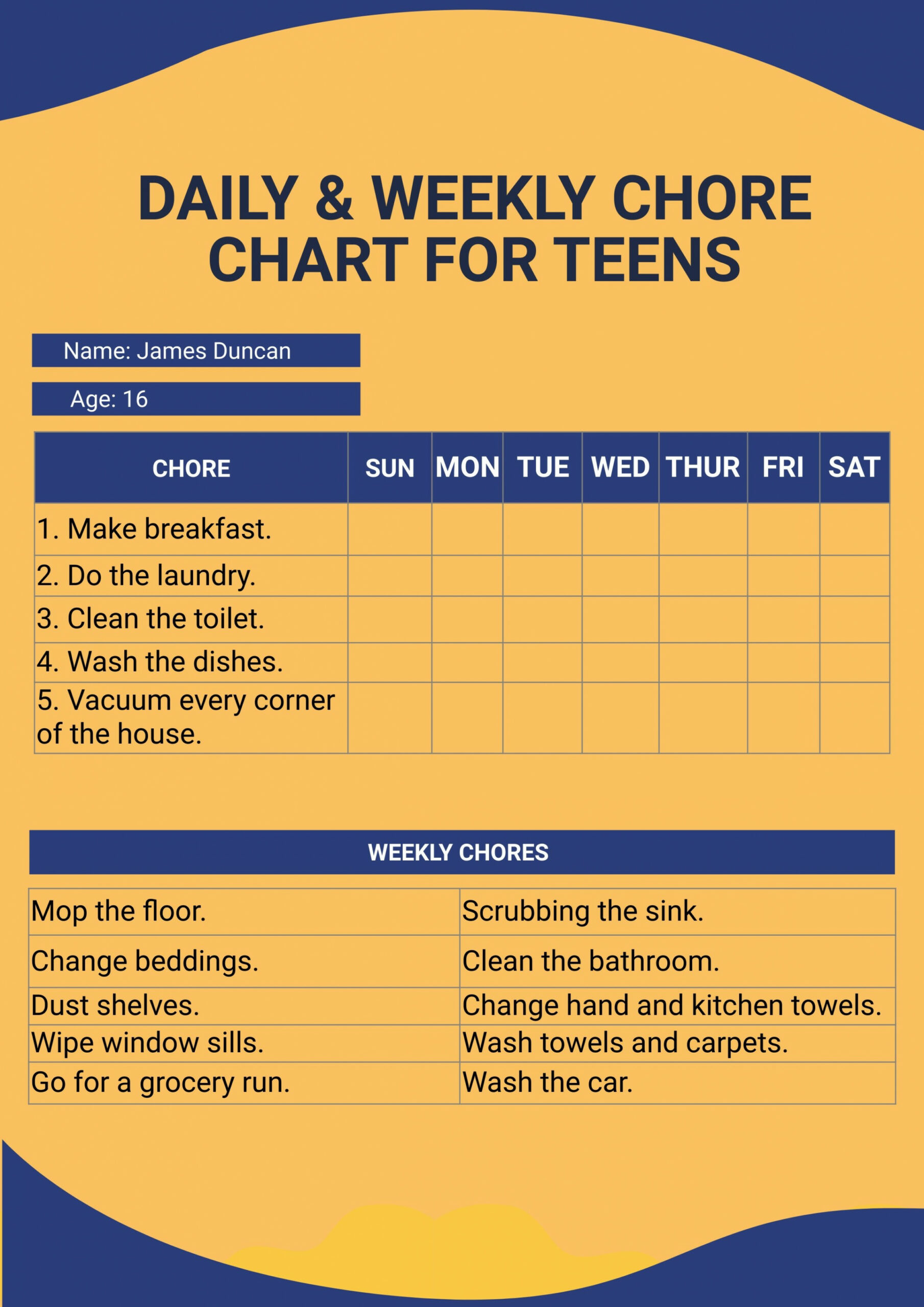 Free Daily & Weekly Chore Chart For Teens - Download in PDF