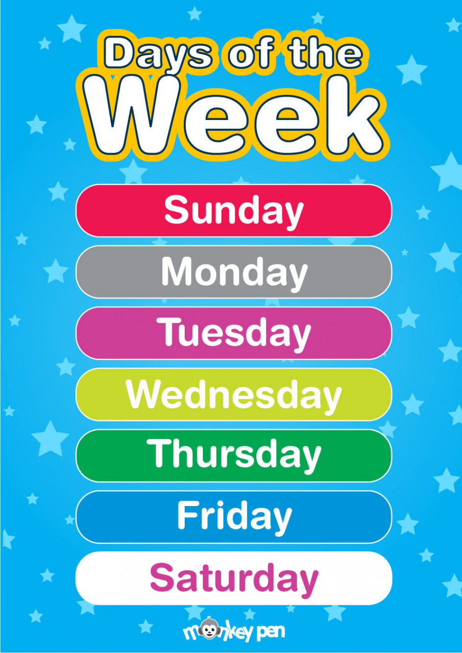 Free Printable Days of the Week Educational Poster – Monkey Pen Store