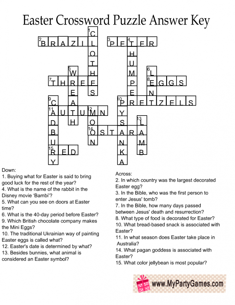 Free Printable Easter Crossword Puzzle with Key