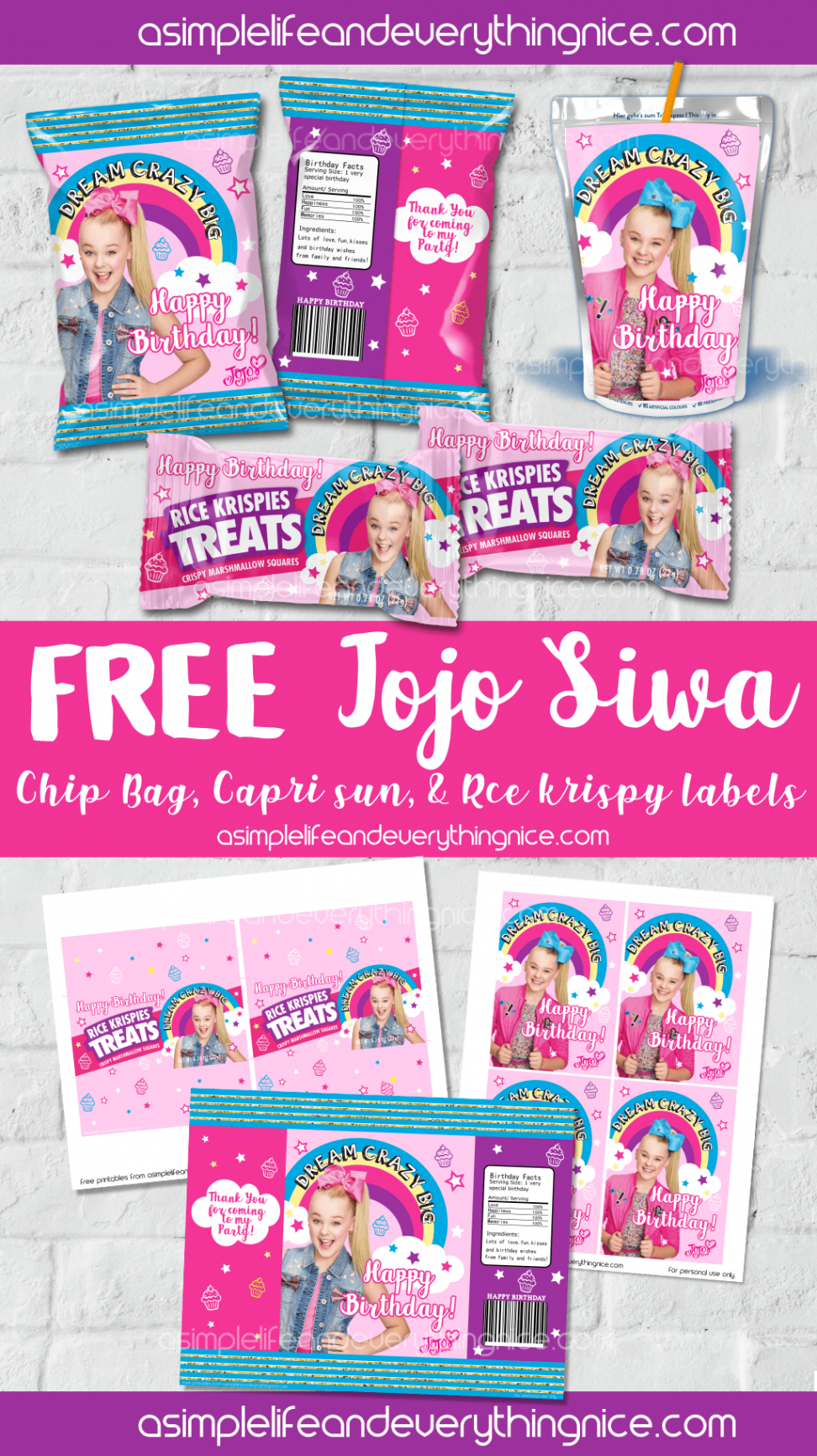 Free Printable Jojo Siwa Chip bag, Rice Krispies and Capri Sun