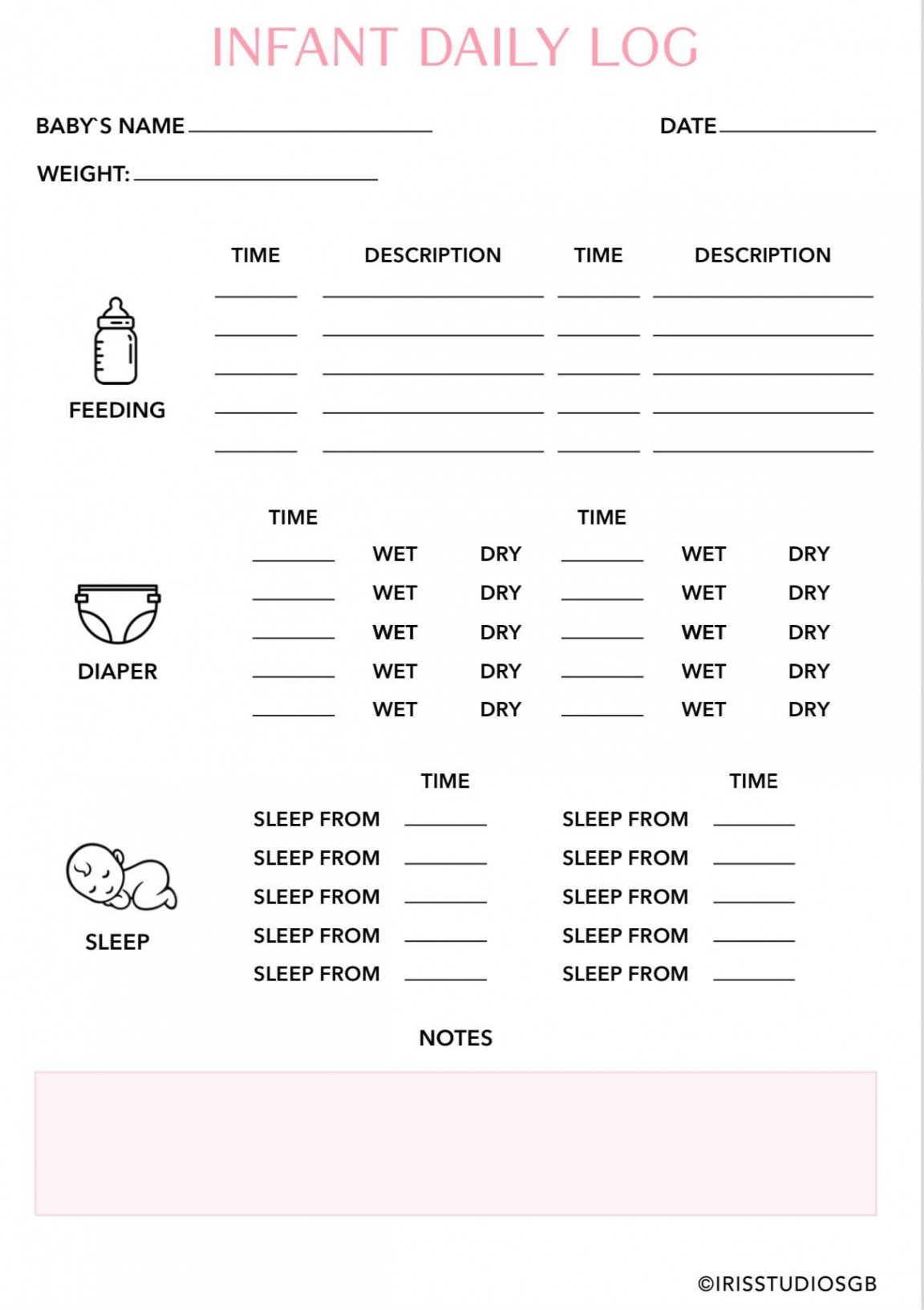 Infant Daily Log Printable  Baby Sleep Log Daily Baby Log  Infant Daily  report  Newborn Log  Compatible with Goodnotes, Notability etc