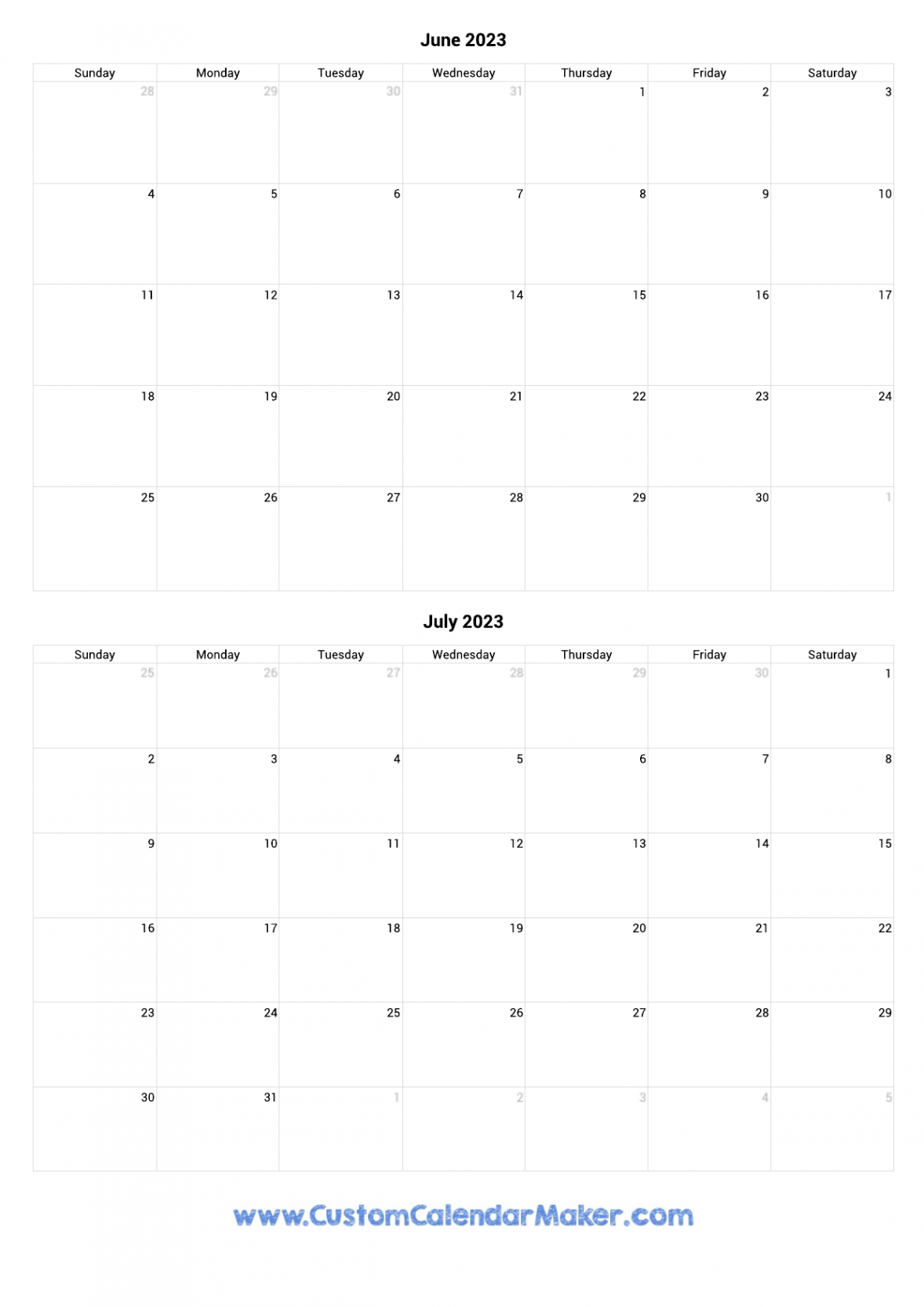 June and July  Printable Calendar Template