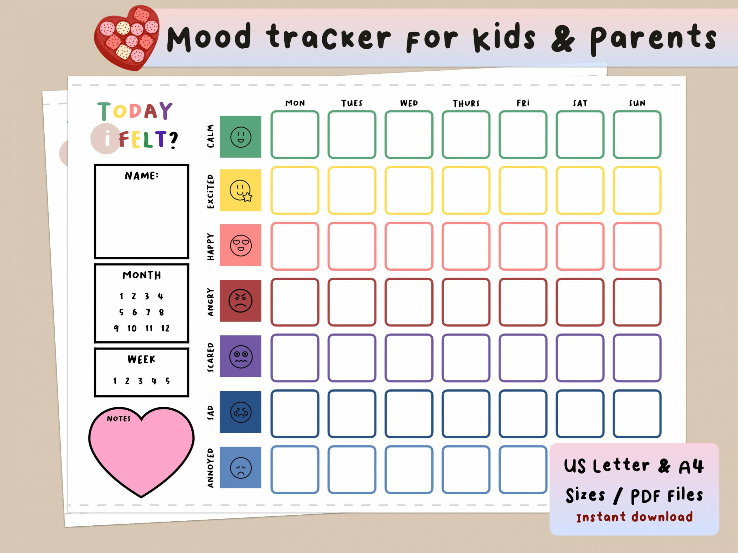 Kinder Mood Tracker Printable Weekly A US letter Sizes - Etsy