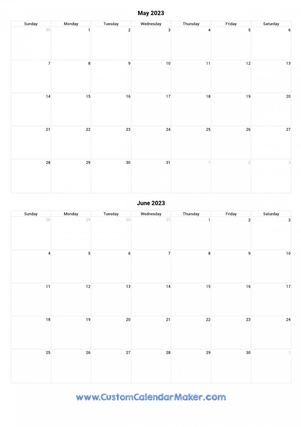 May and June  Printable Calendar Template