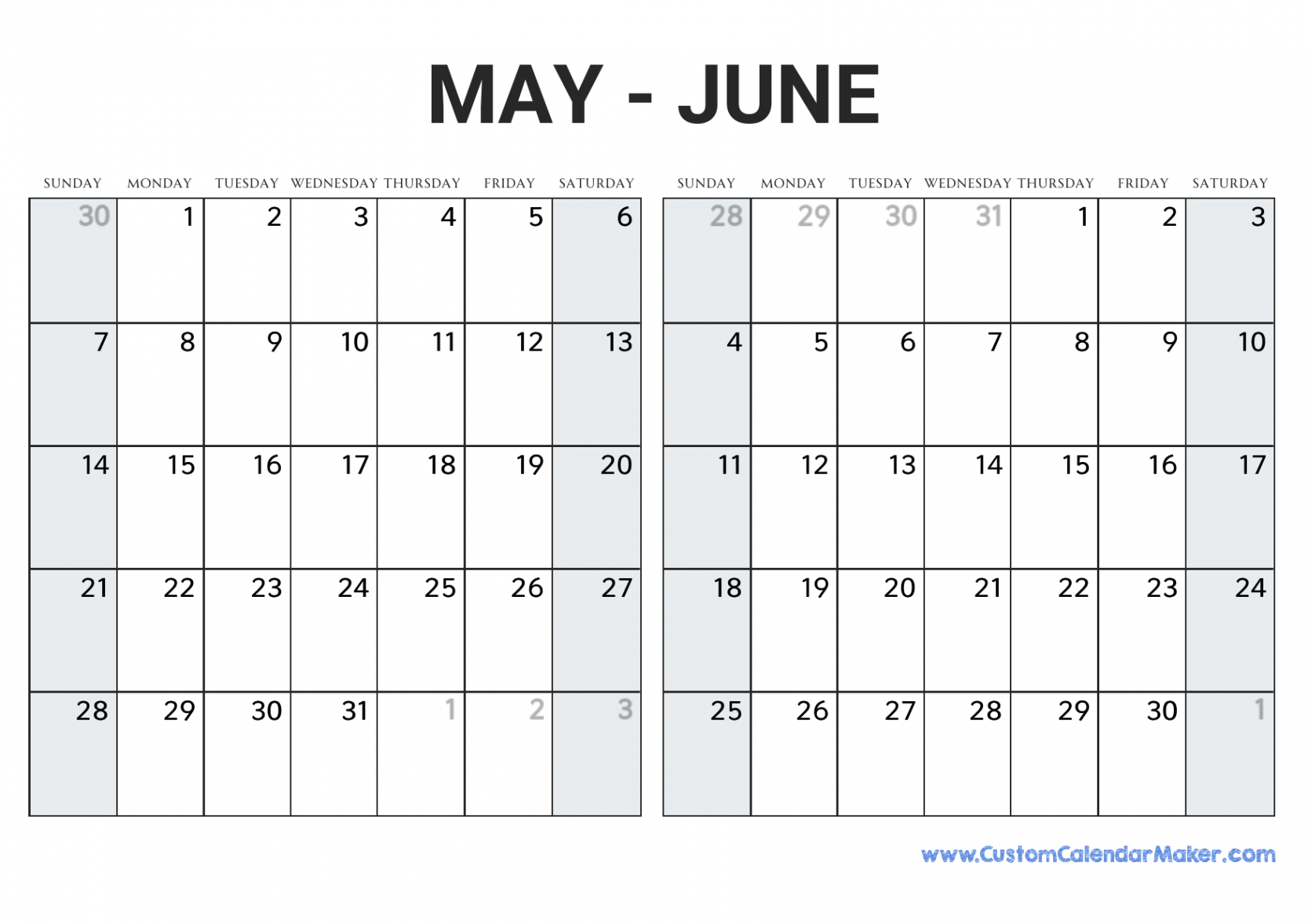 May and June  Printable Calendar Template