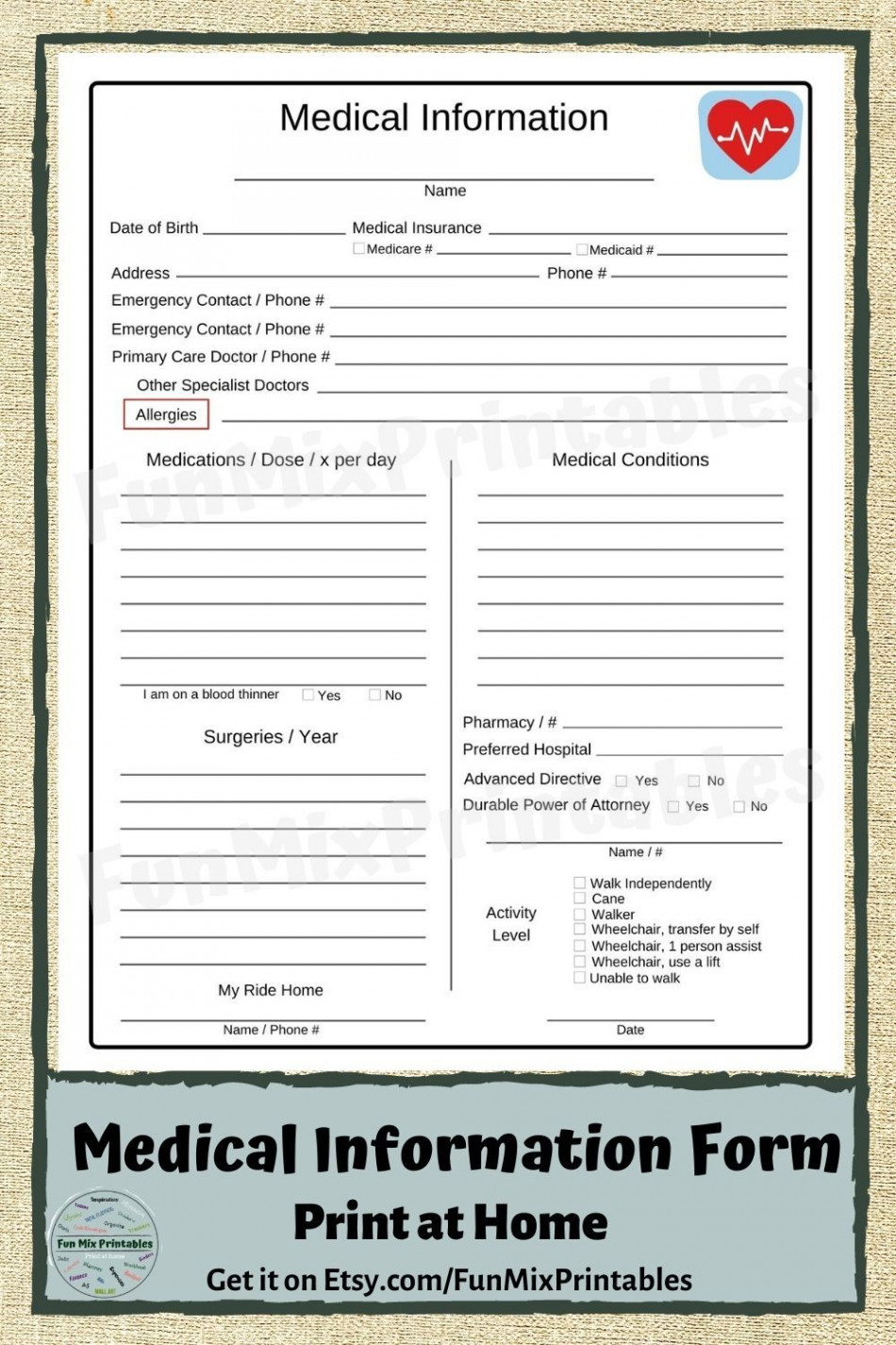 Medical Information Form / Emergency Contacts Form / Printable