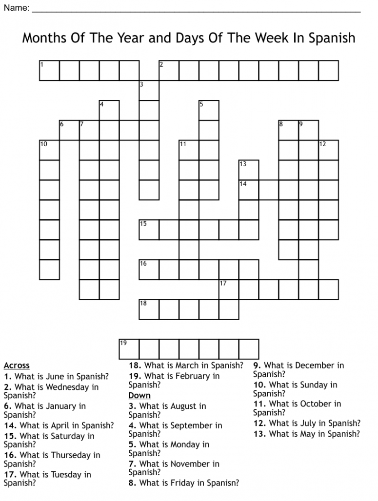 Months Of The Year and Days Of The Week In Spanish Crossword