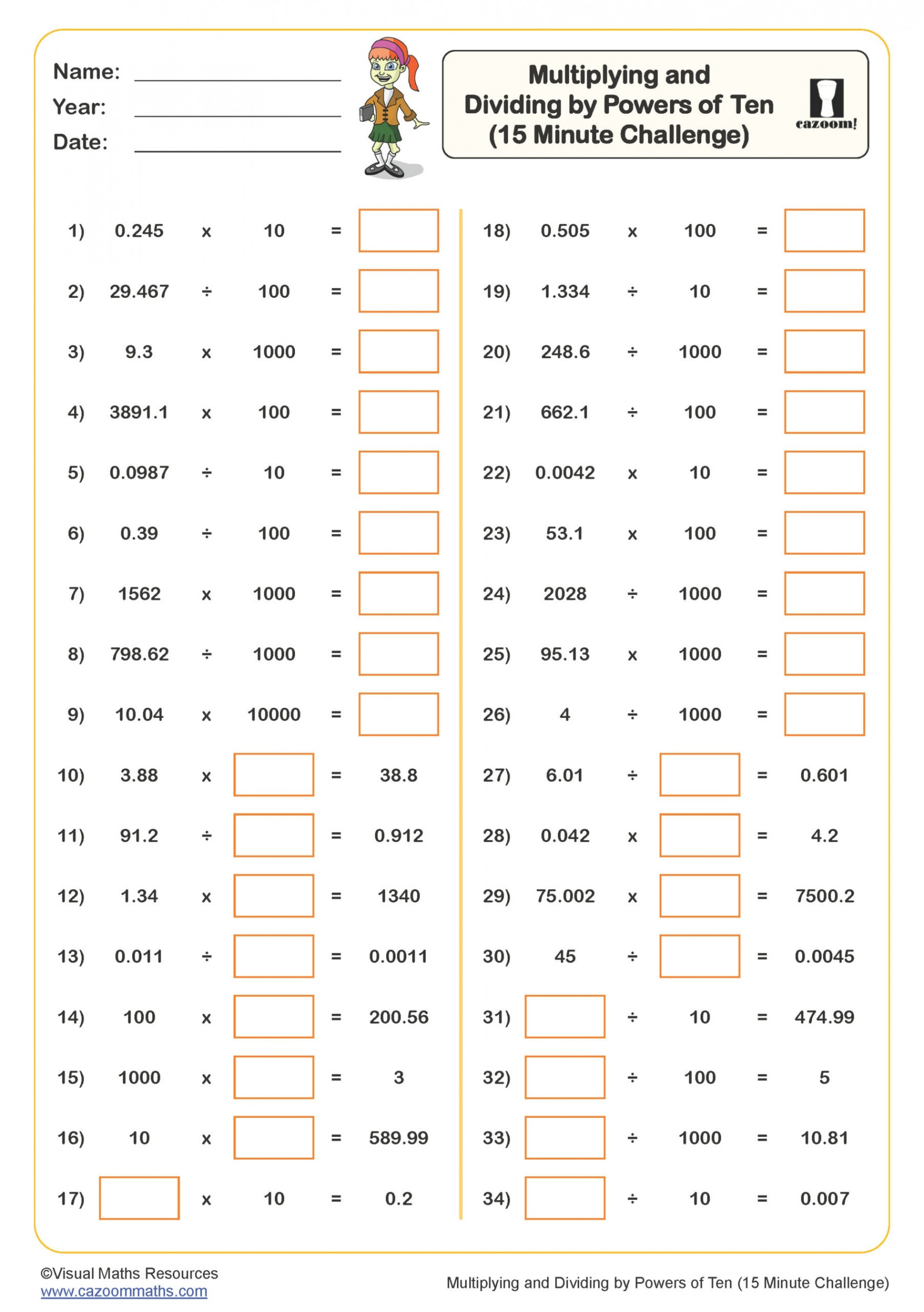 Multiplying and Dividing by Powers of Ten Worksheet ( Minute