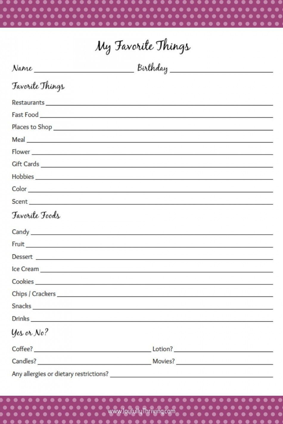 My Favorite Things List - Free Printable Gift Ideas for Teachers