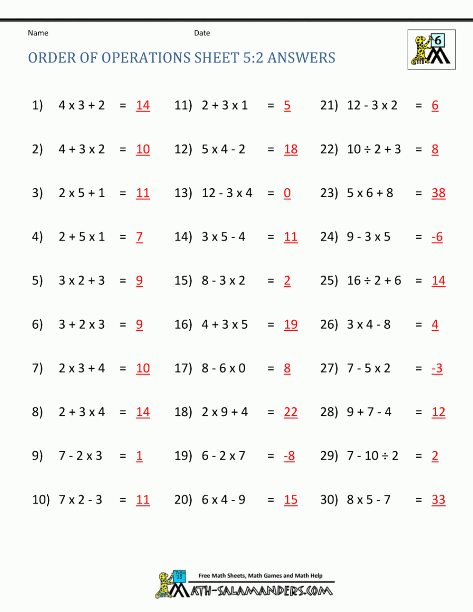 Order of Operations Sheet : Answers  Mathematics worksheets