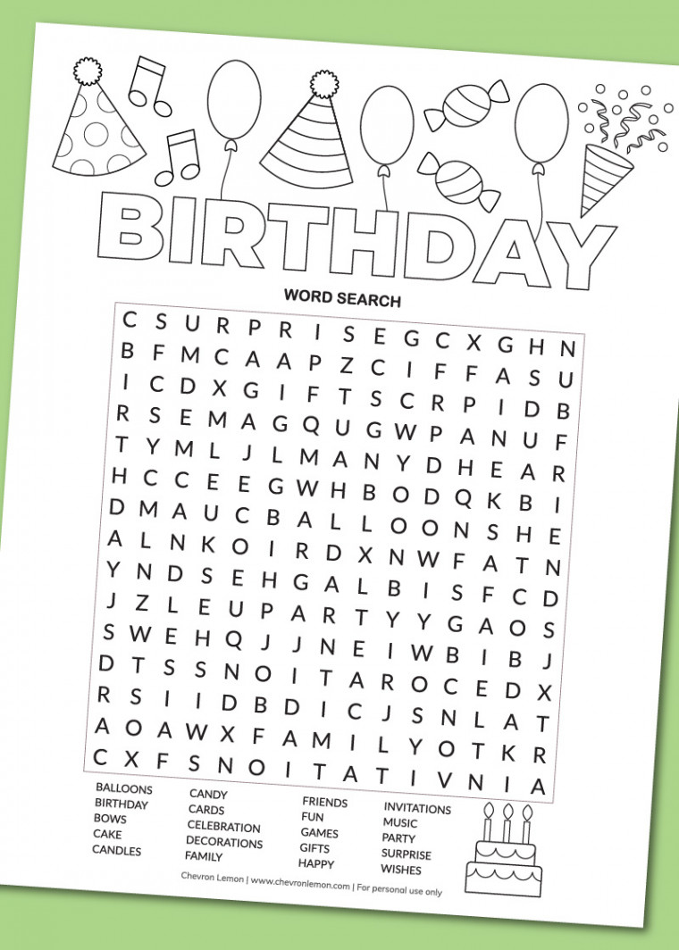 Printable birthday word search - Chevron Lemon