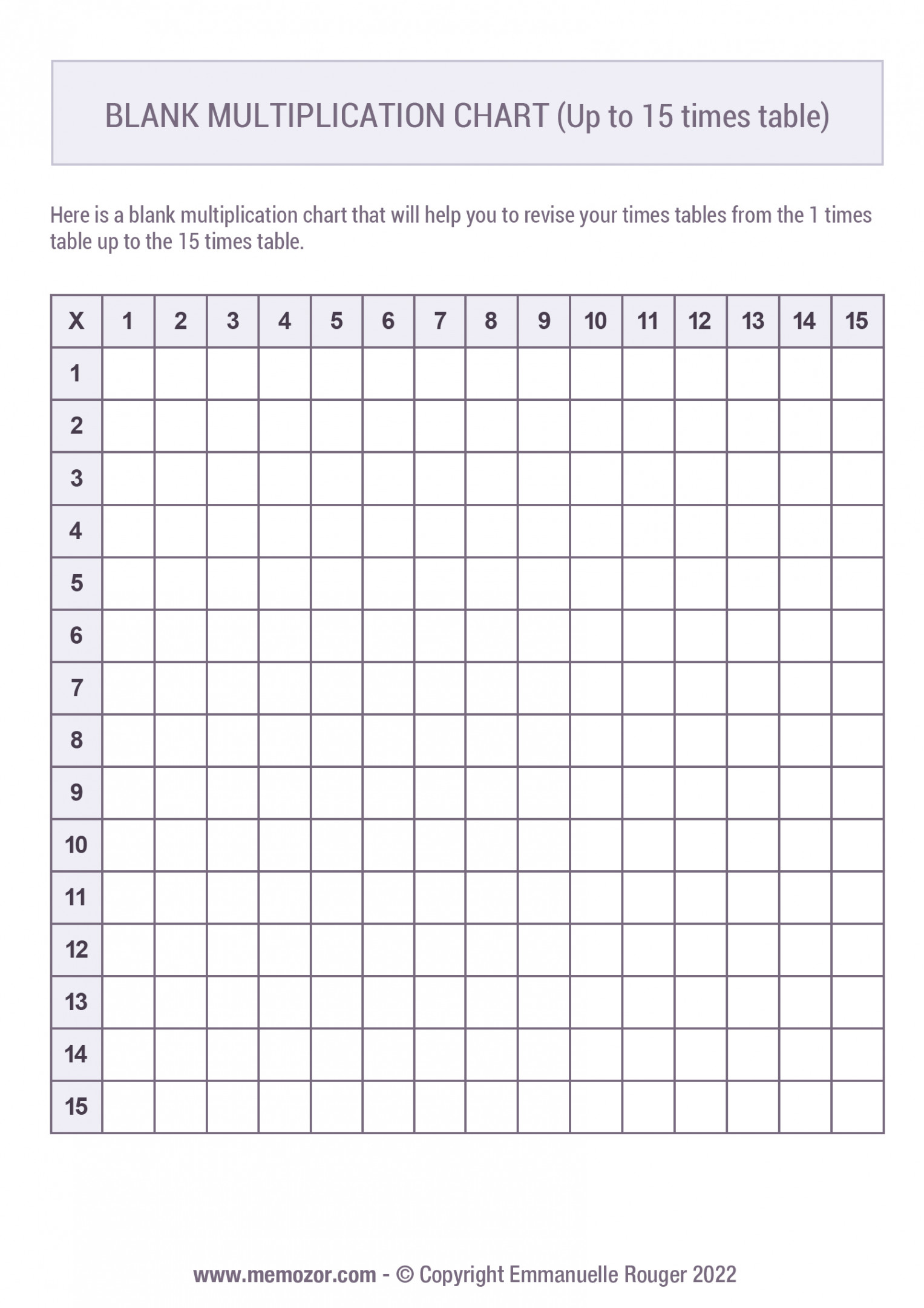 Printable Blank multiplication Chart (-5) Free  Memozor