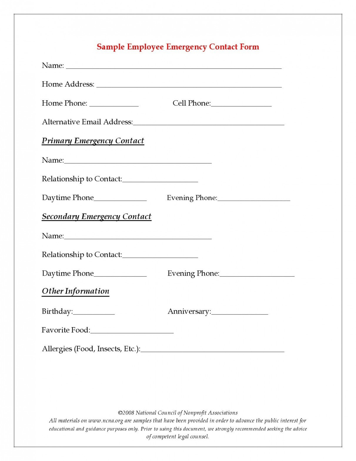 Printable Emergency Contact Forms (% Free)