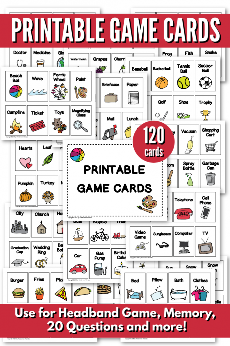 Printable Game Cards for Headband Game, Memory, or  Questions