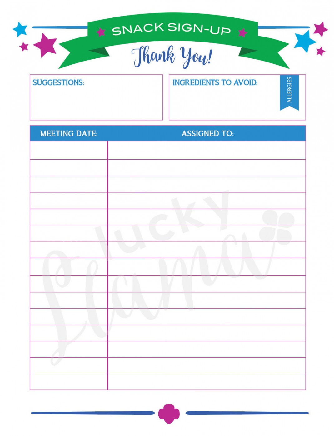 Printable Girl Scout Snack Sign-Up Sheet (Editable Version Included)