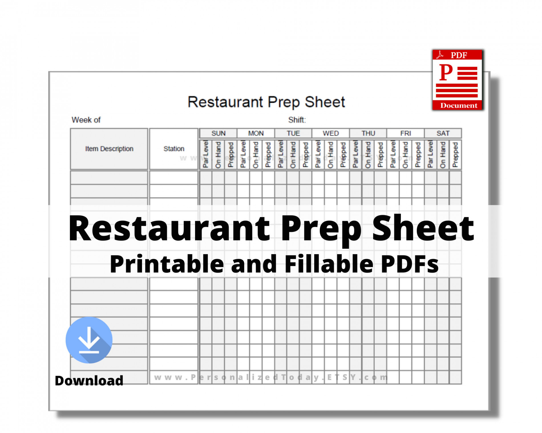 Printable Restaurant Prep Sheet Fillable and Print and Write