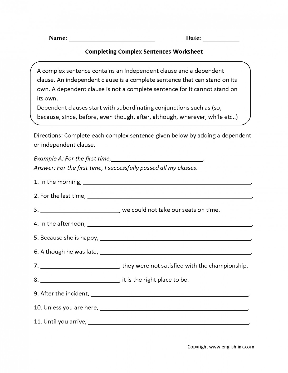 Sentences Worksheets  Complex Sentences Worksheets  Complex