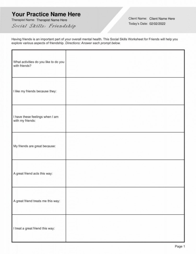 Social Skills Worksheet for Friendship - TherapyByPro