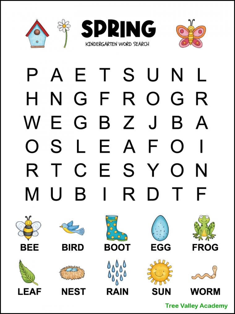 Spring Word Search for Kindergarten - Tree Valley Academy