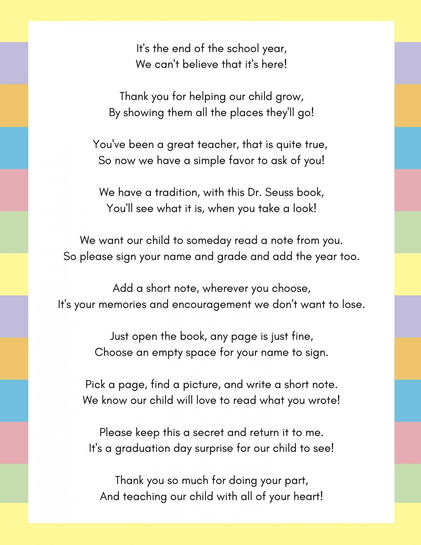 Teacher Letter for Oh the Places You