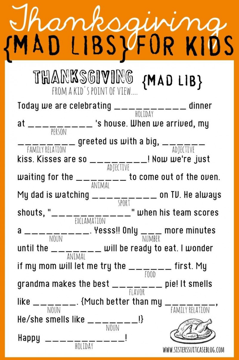 Thanksgiving Mad Libs Printable - My Sister