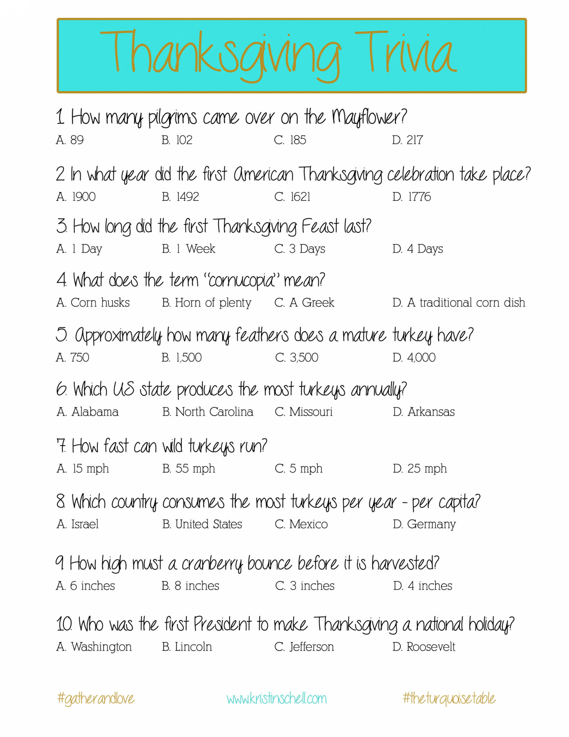 Thanksgiving Trivia a printable for your gathering - The