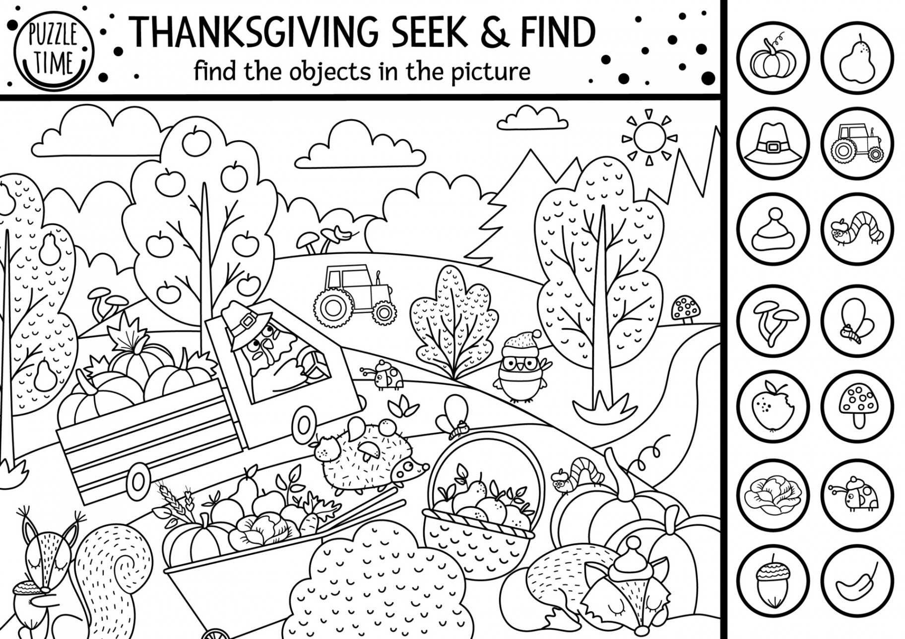 Vector black and white Thanksgiving searching game or coloring