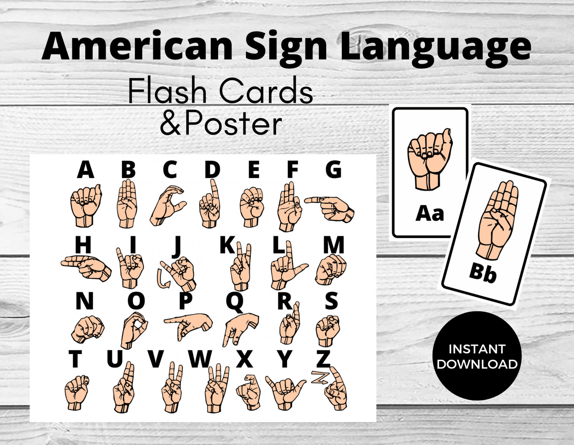 Alphabet Flash Cards - American sign language - Printable - ASL - Instant  download - PDF