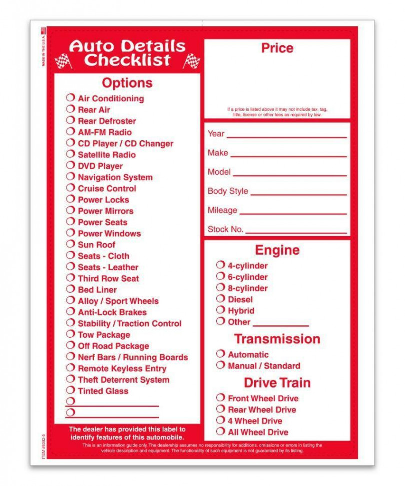 Auto Detail Checklist Laser Window Stickers /