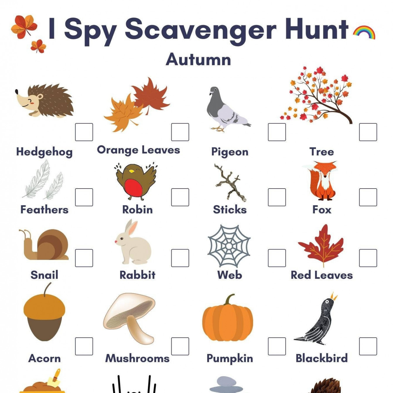 Autumn Themed I Spy Scavenger Hunt PDF Downloadable Activity Sheet