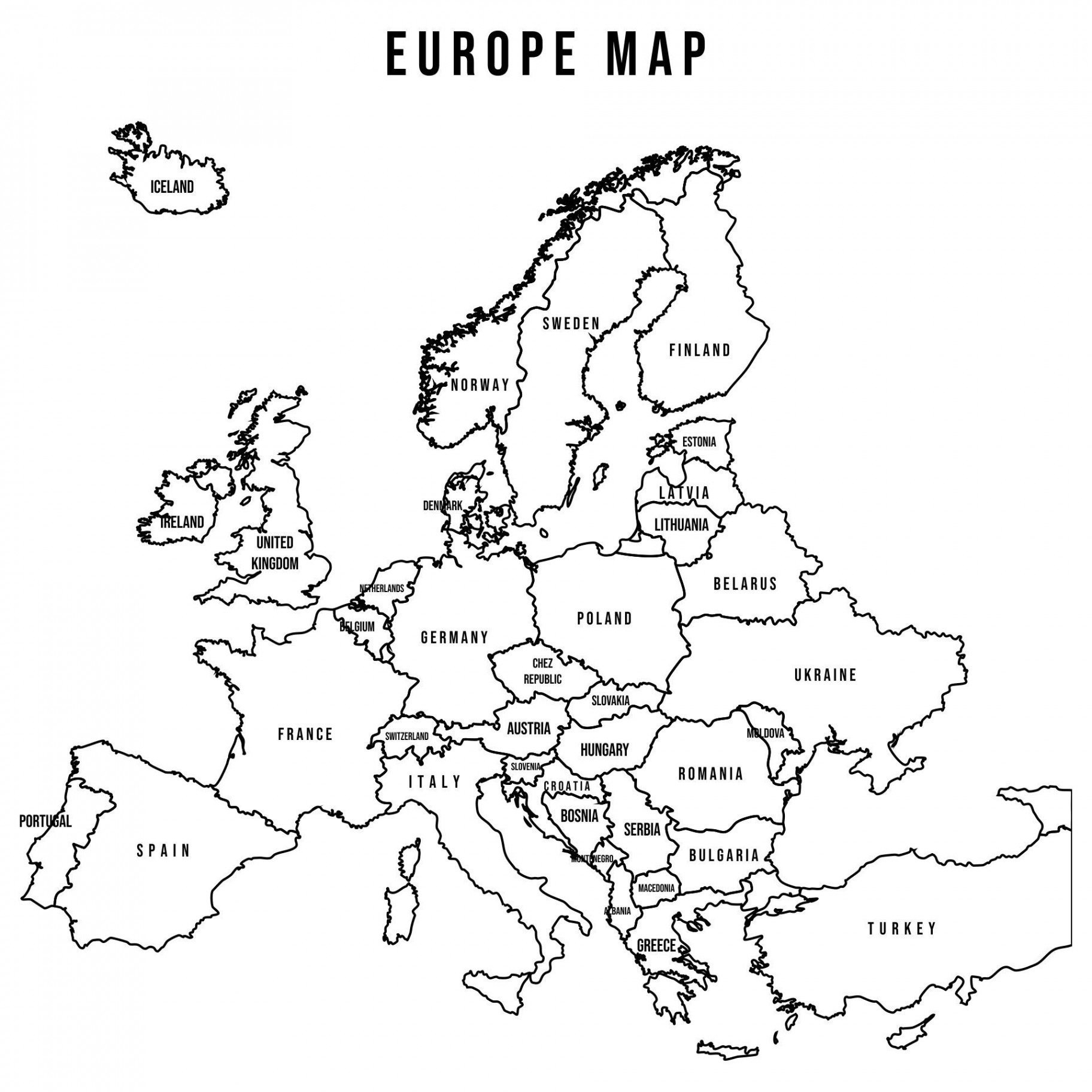 Best Black And White Printable Europe Map PDF for Free at