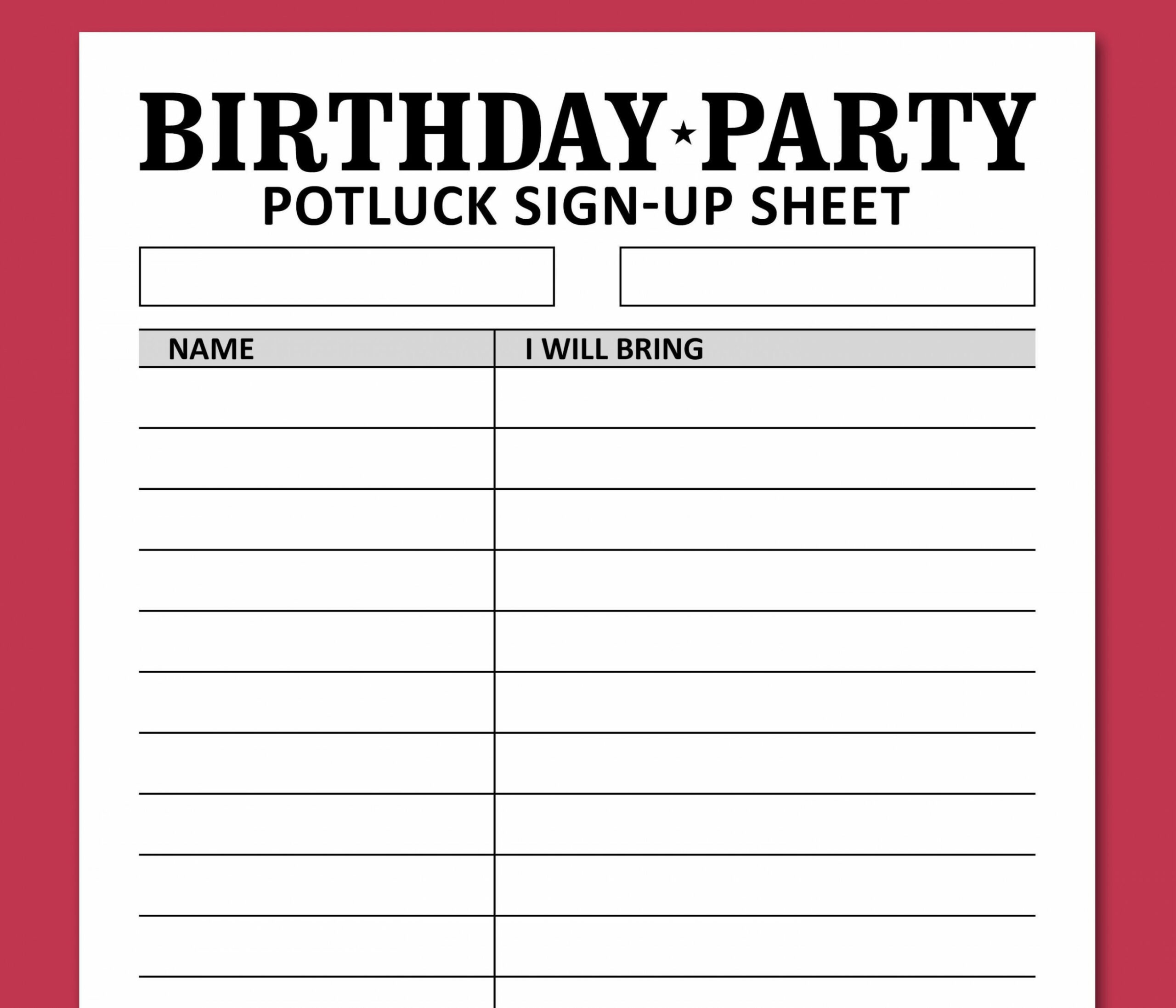 Birthday Potluck Sign up Sheet Printable Template, Brunch Dinner