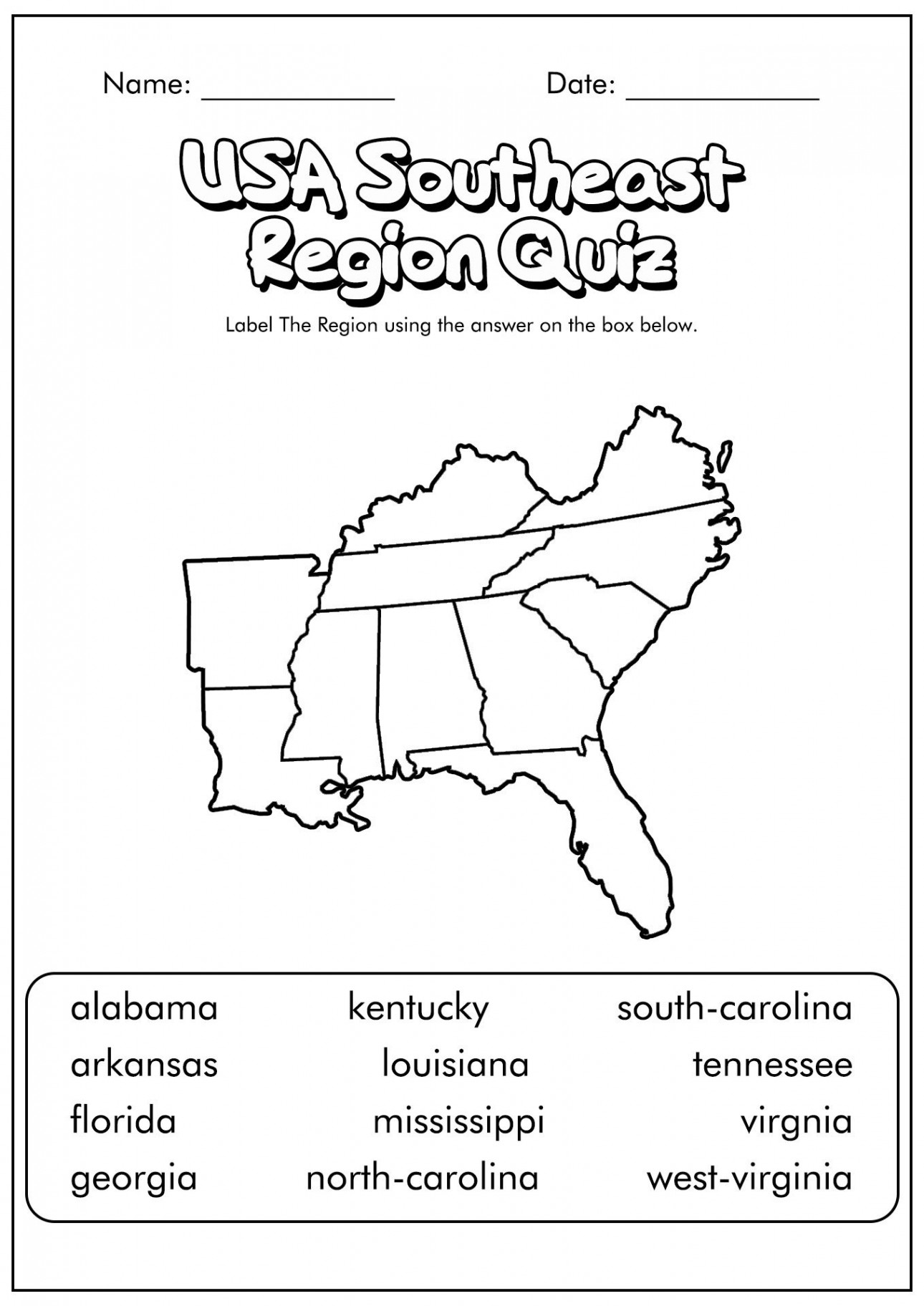 Blank Map Worksheet in   Map worksheets, Southeast region