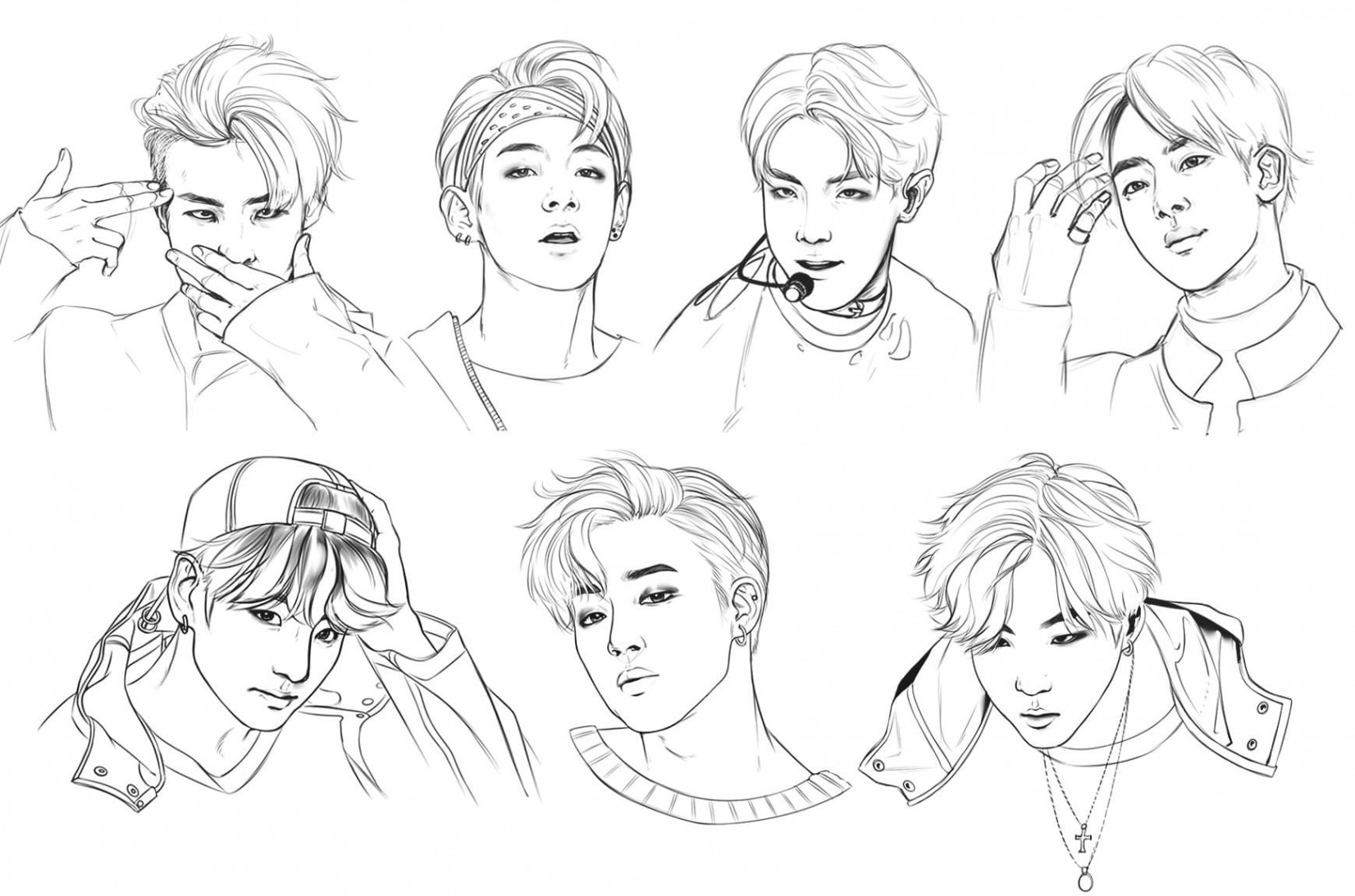 BTS coloring pages with big had and not so big pictures