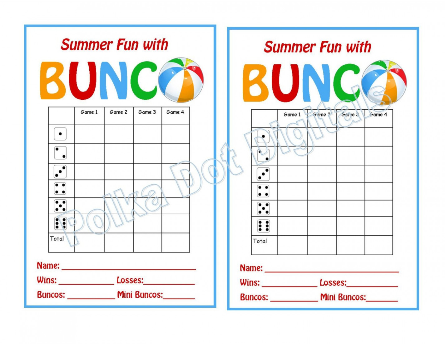 Buy  Get  Free SUMMER Beach Bunco Score Card Sheet With Matching