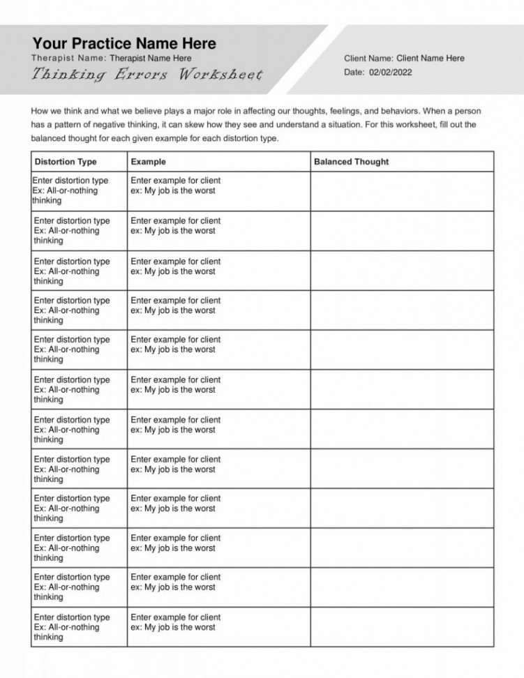 CBT Thinking Errors Worksheet PDF - TherapyByPro