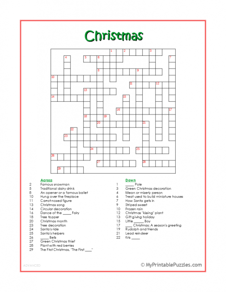 Christmas Crossword Puzzle - Advanced  My Printable Puzzles