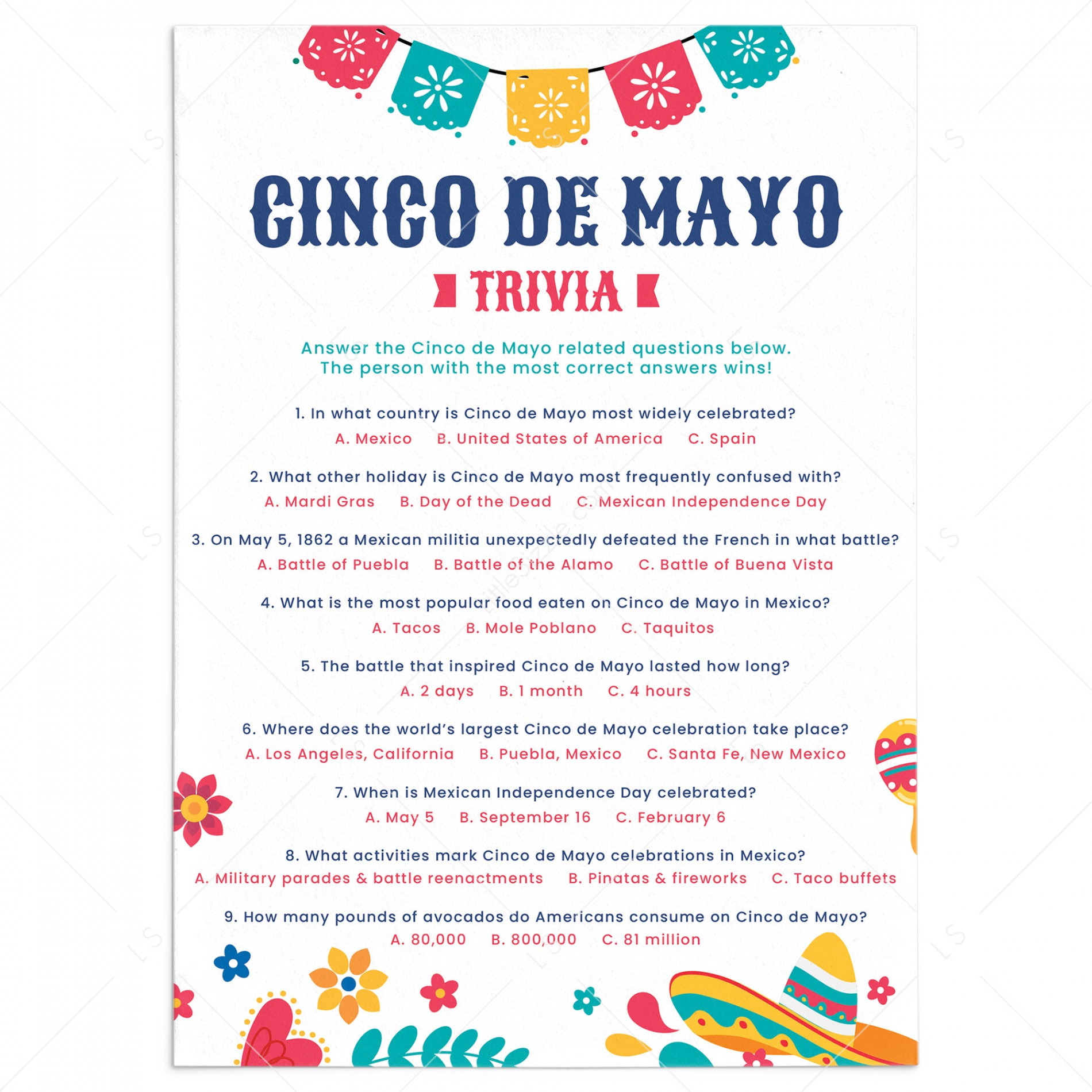 Cinco de Mayo Trivia with Answers Printable  Instant Download