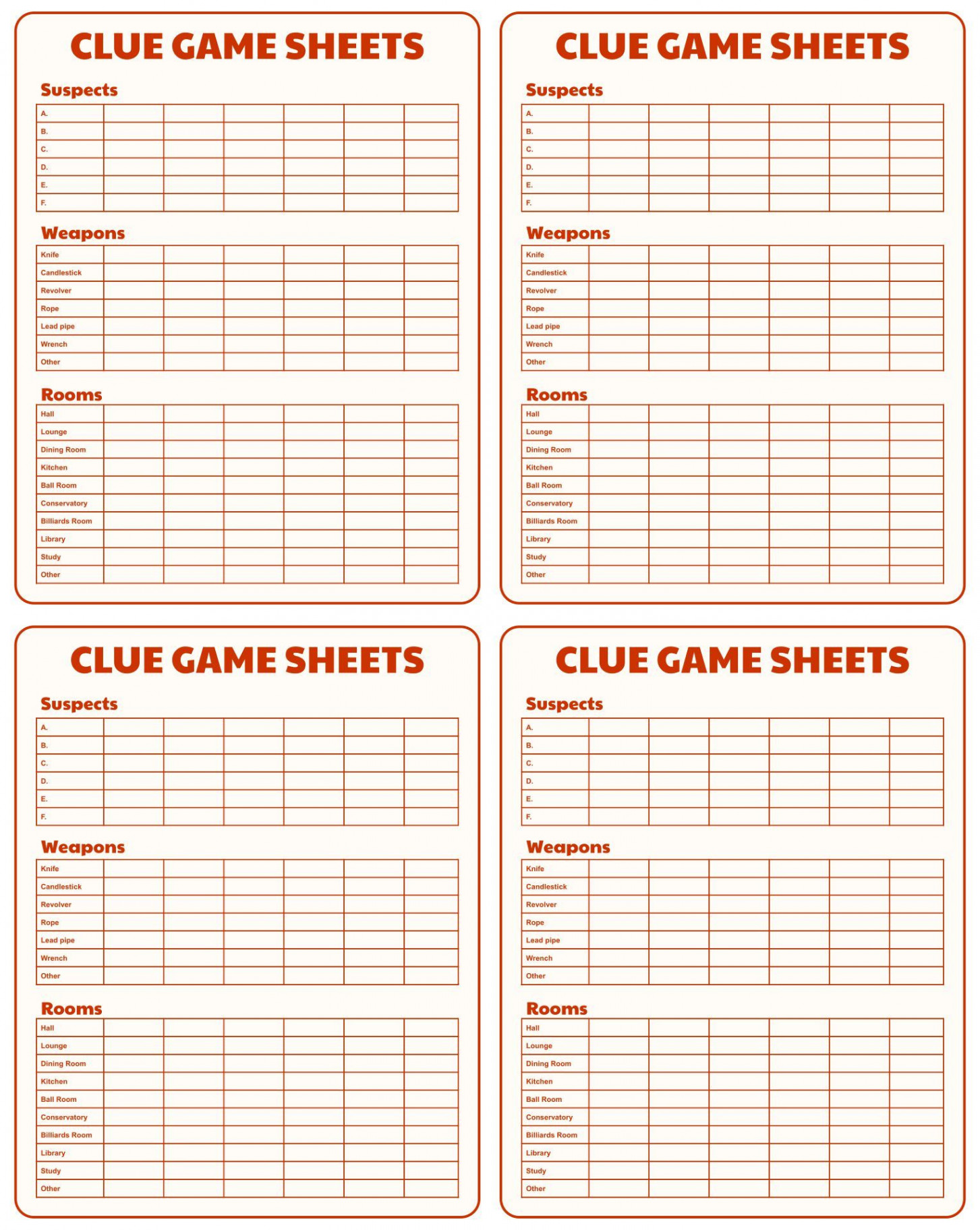 Clue Game Sheets Printable  Clue games, Card template, Clue