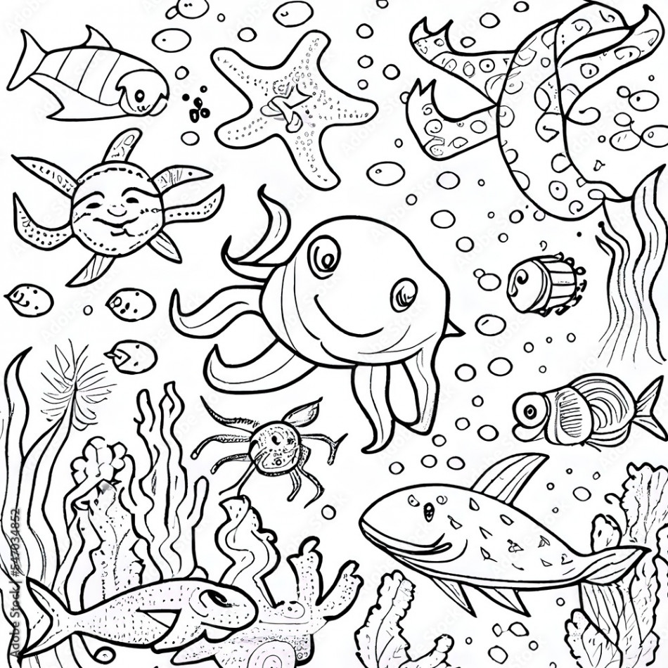 coloring pages for kids under the sea cute marine life Stock