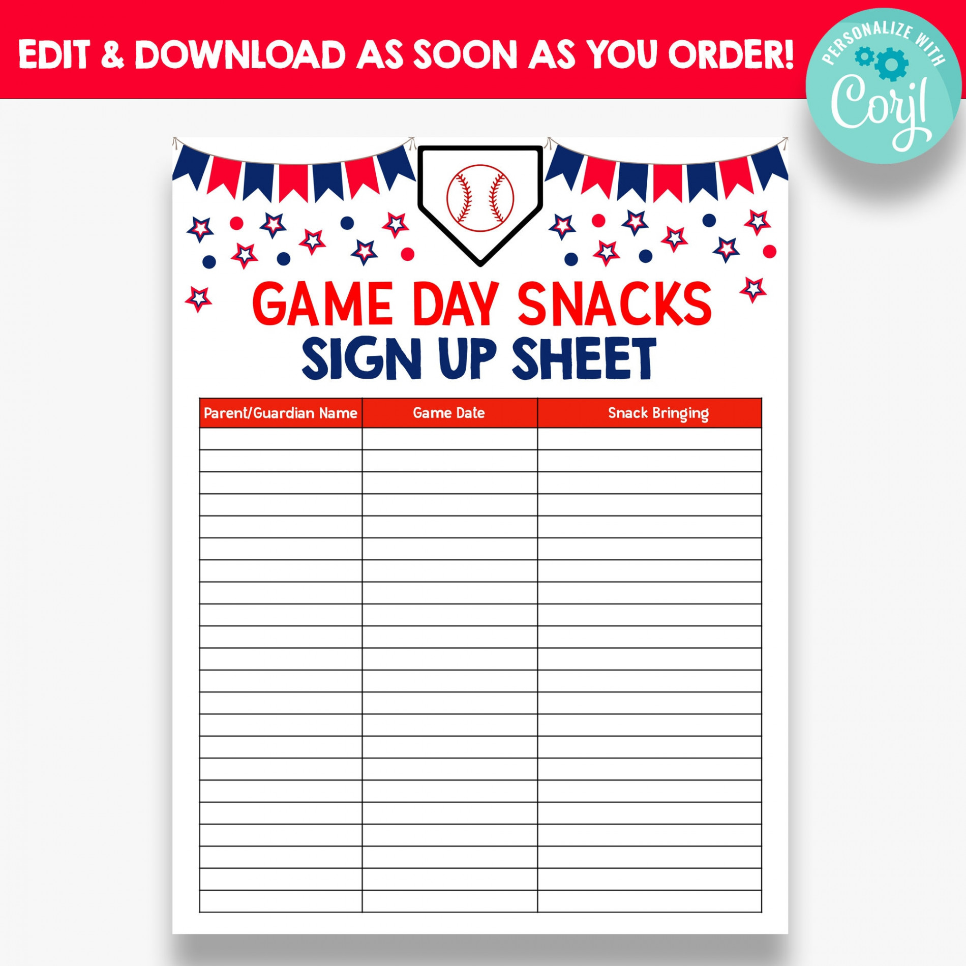 EDITABLE Baseball Snack Sign up Sheet Game Day Snacks Sign - Etsy