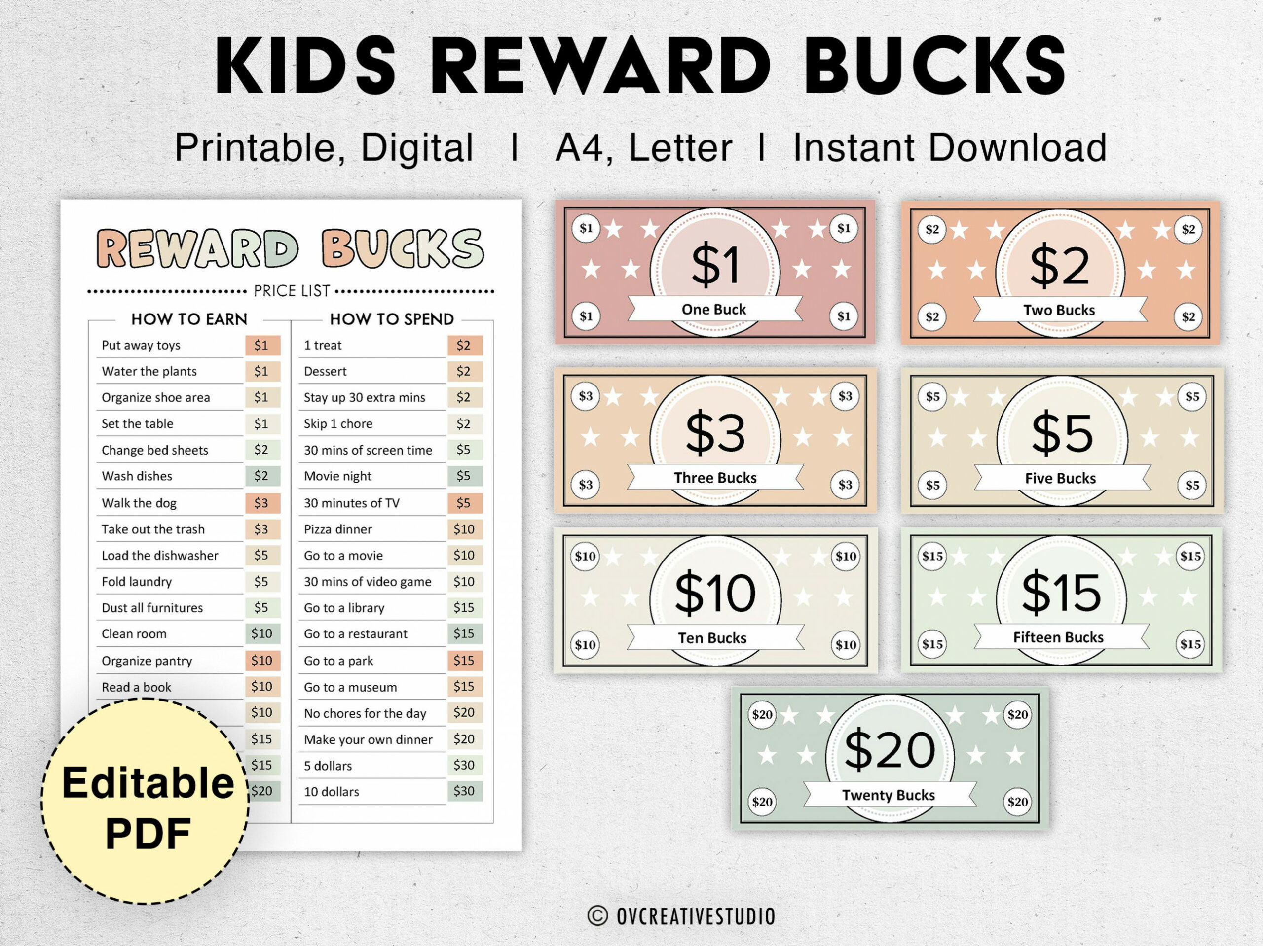 Editable Kids Reward Bucks Printable Mom Bucks PDF Reward - Etsy