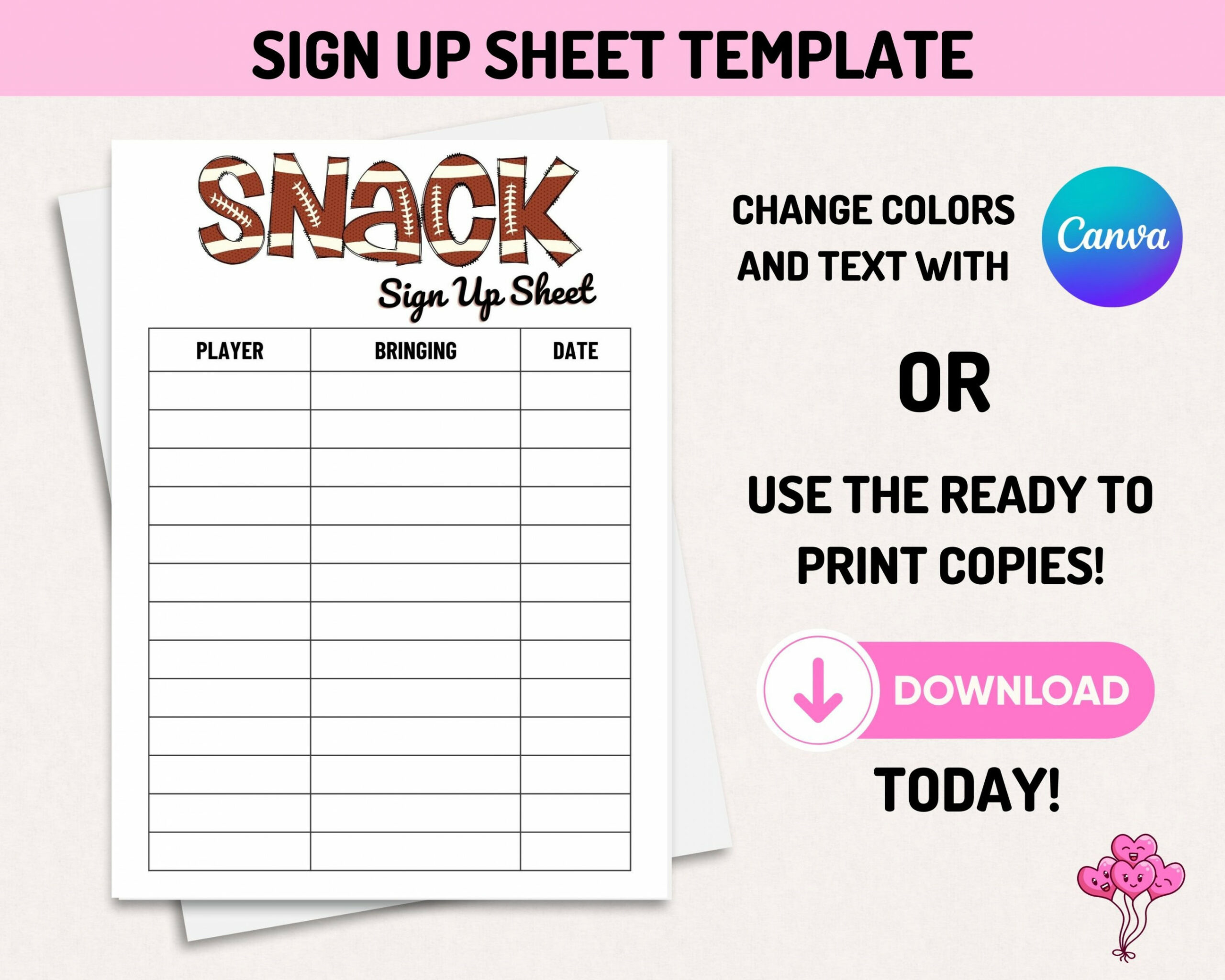 Editable Snack Sign up Sheet Football Kids Football Snack - Etsy