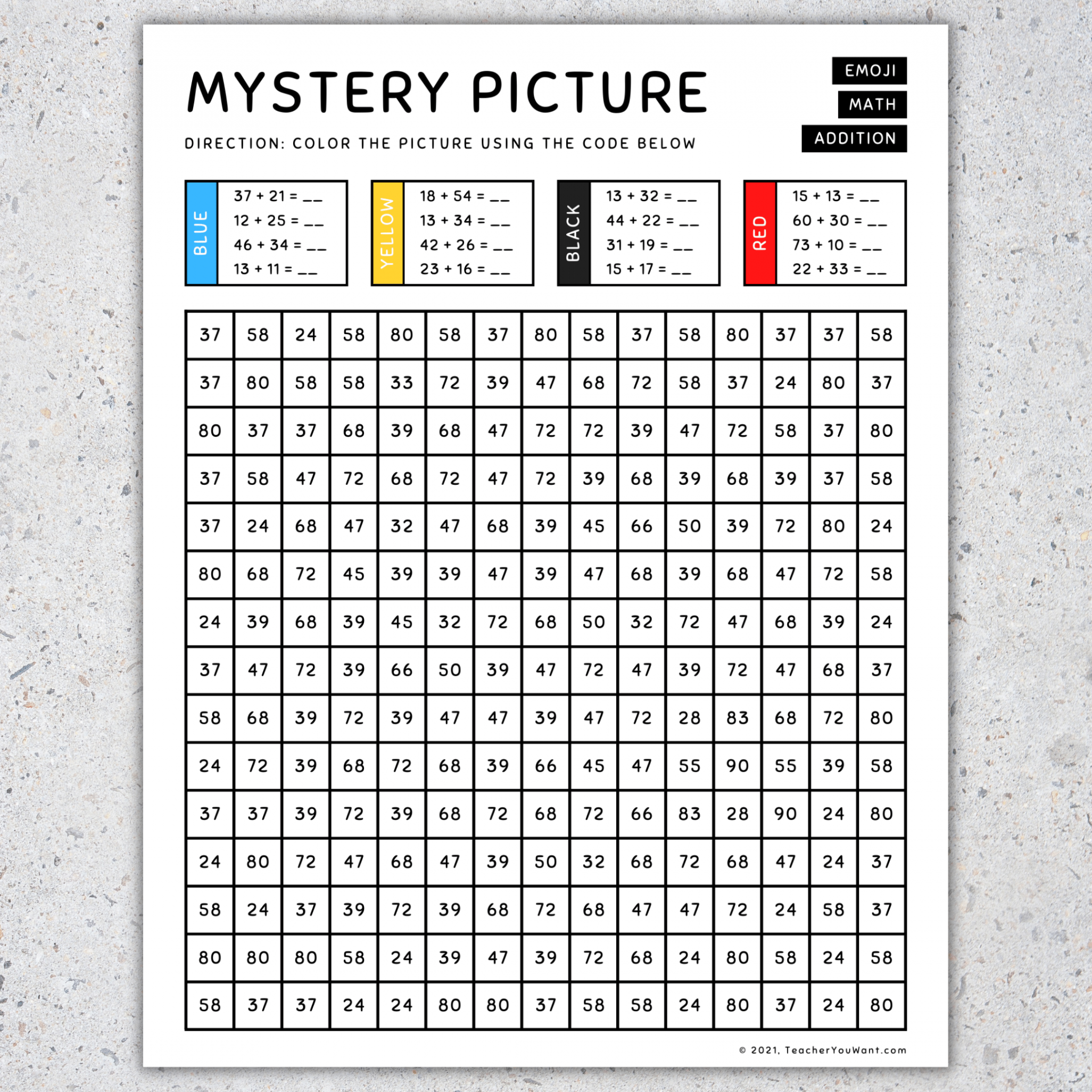 Emoji Mystery Picture: Color By Number, Back to School, Math Addition