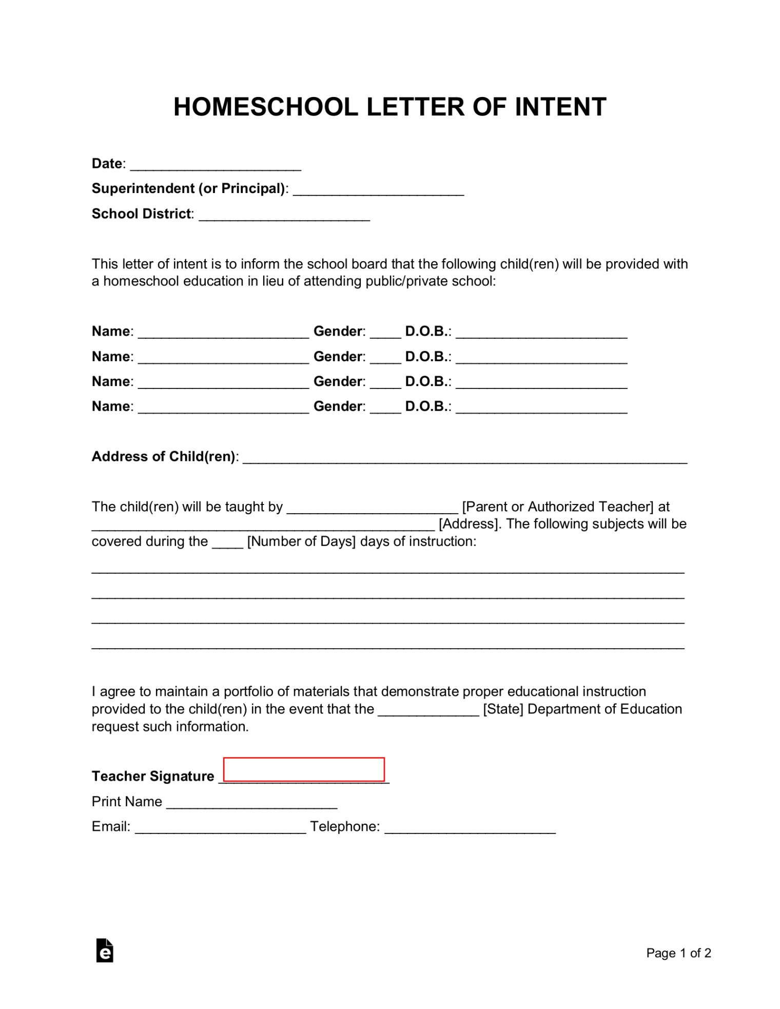 Free Homeschool Letter of Intent Template - PDF  Word – eForms