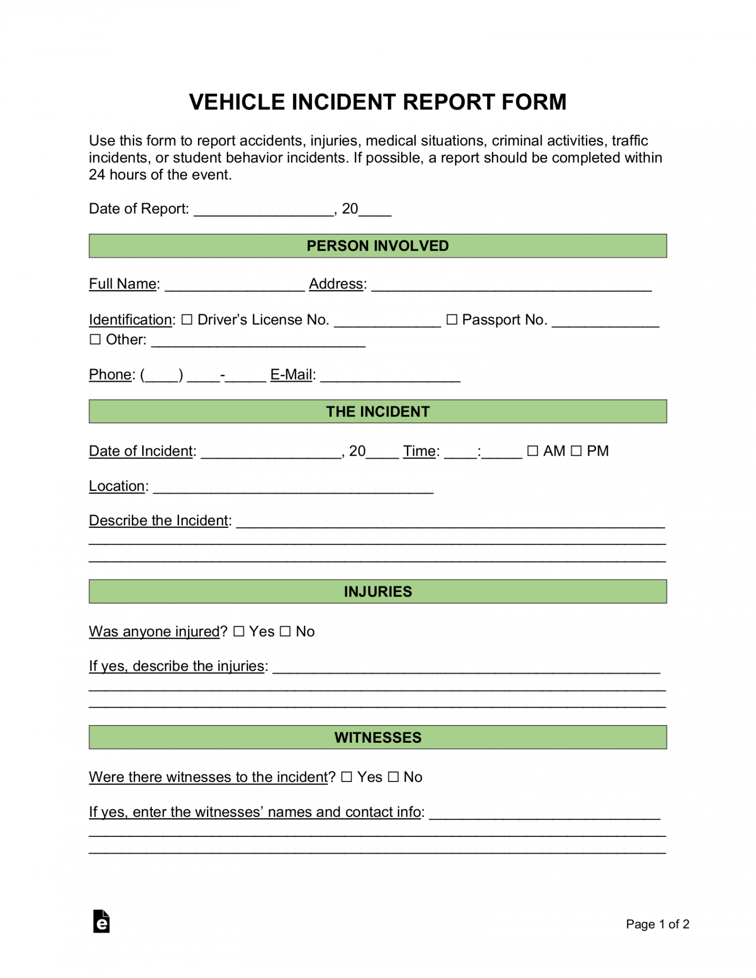 Free Incident Report Templates ()  Sample - PDF  Word – eForms