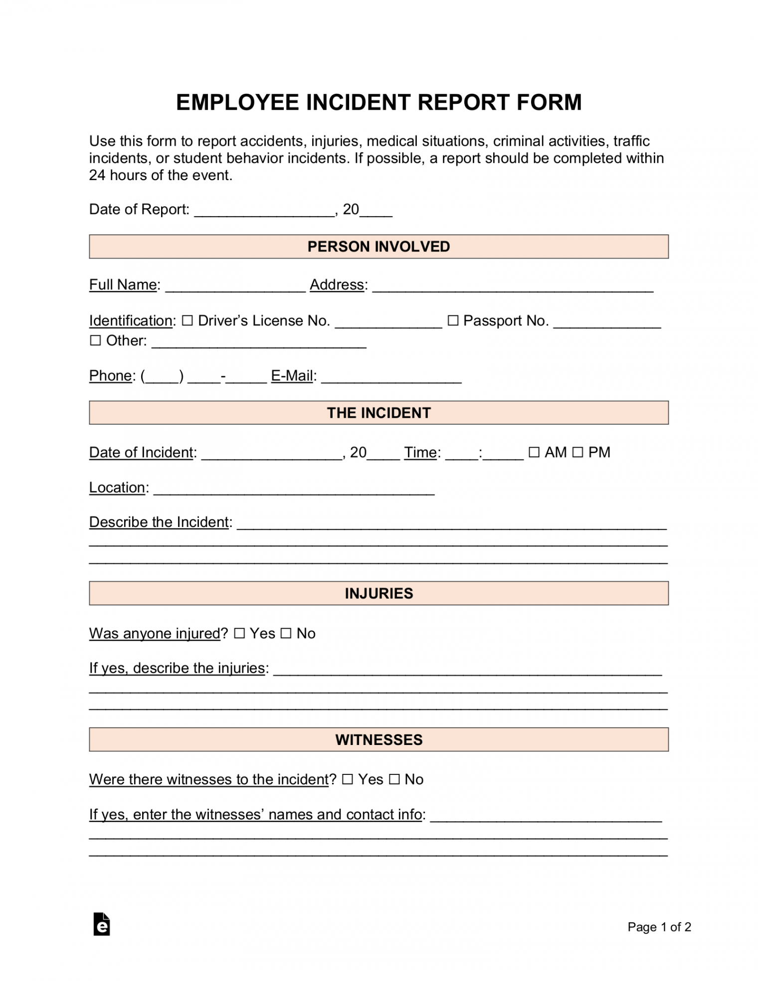 Free Incident Report Templates ()  Sample - PDF  Word – eForms